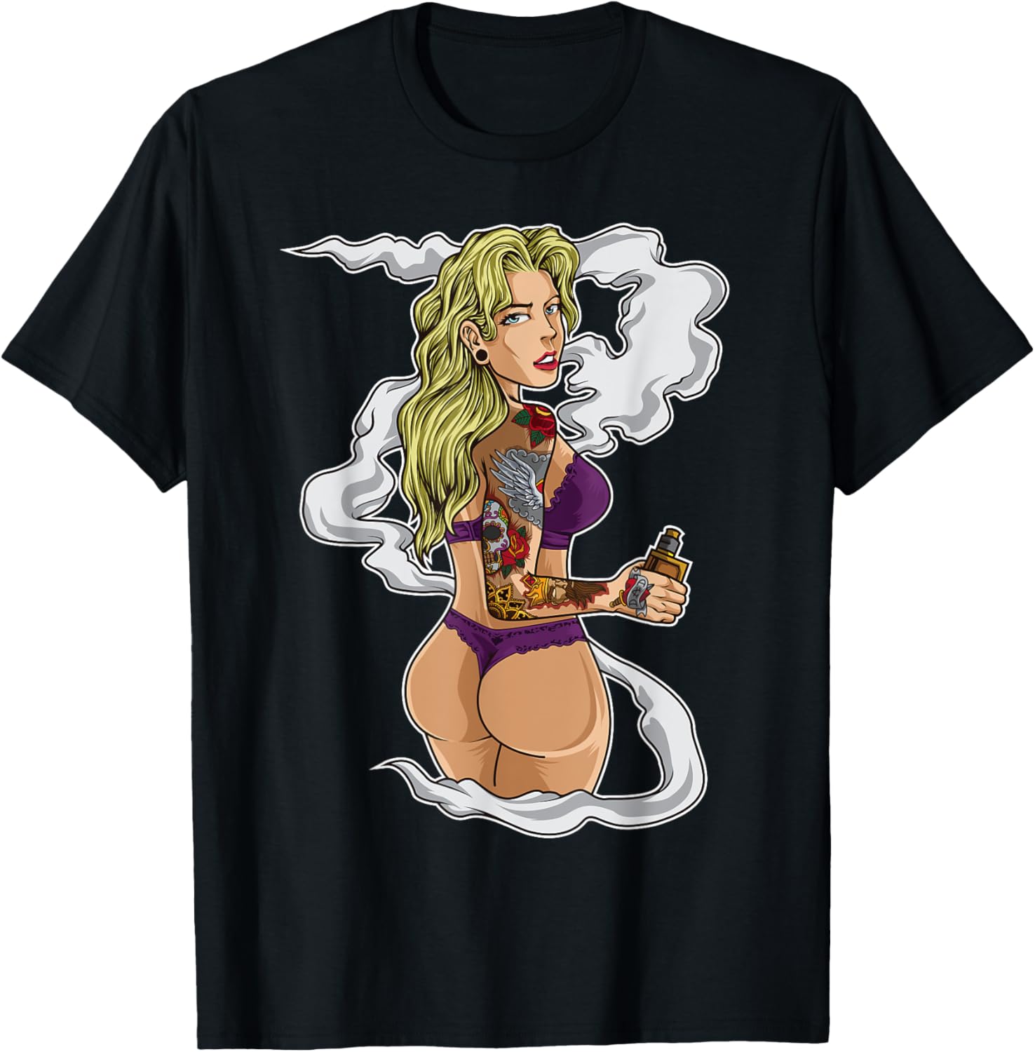 タトゥーをしたベイピングガール グラフィック Tシャツ 電子 - Vaping Shop のレビューと価格